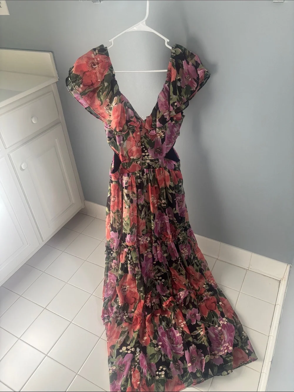 Aqua Floral Maxi Dress - Black with Pink & Coral Flowers - Picture 3 of 5